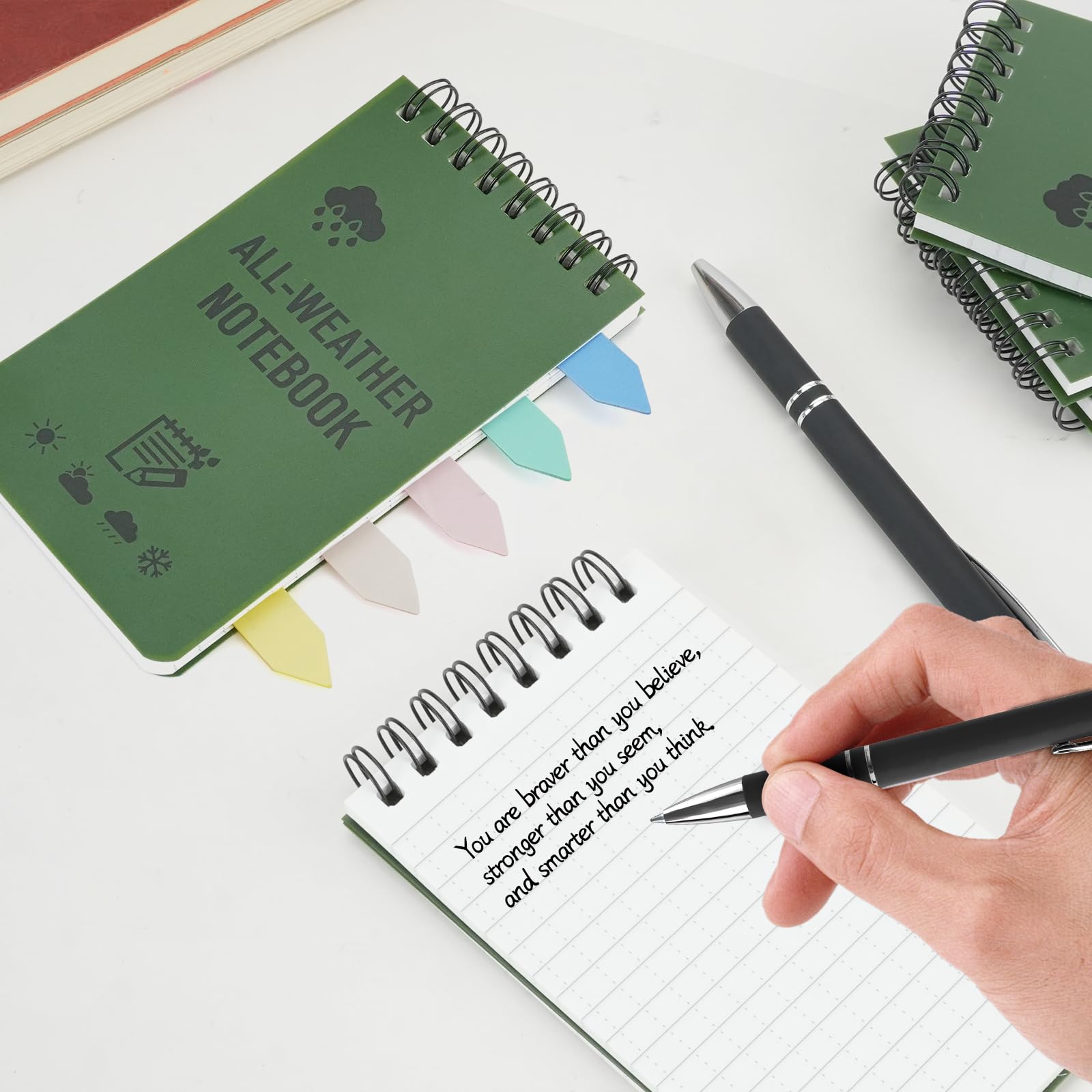 4 Stück Wasserdichte Notizblock, 3 x 5 Zoll Pocket Notizbuch Allwetter Notizblöcke mit Top-Spirale, Taschennotizblock Stift und Indexaufkleber, Field Notes für Aktivitäten im Freien Militär