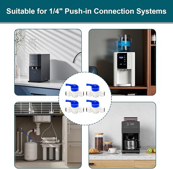 4 Pack RO 1/4 Shut Off Valve, Reverse Osmosis Valve Inline Isolation for RO Water Filter System Quick Connect Ball Compatible with Fridge Freezer Coffee Machine Ice Maker Aquarium Beverage Dispenser