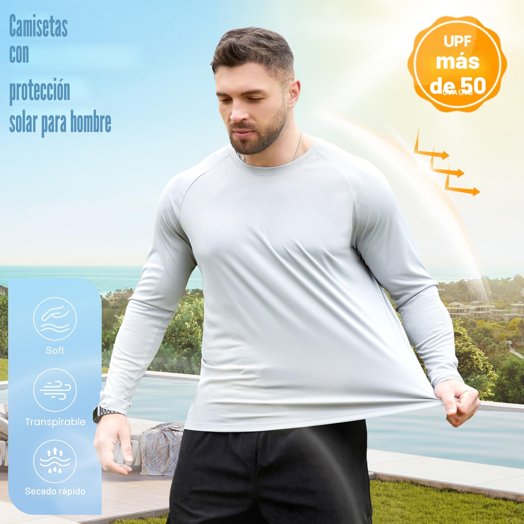 Camiseta Manga Larga Hombre Anti-UV UPF 50+, Deportiva 3/5/7Pcs | Poliéster,secado rápido,transpirable.Costuras planas,4-way stretch.Lavable.Ideal running, gimnasio, pesca, senderismo