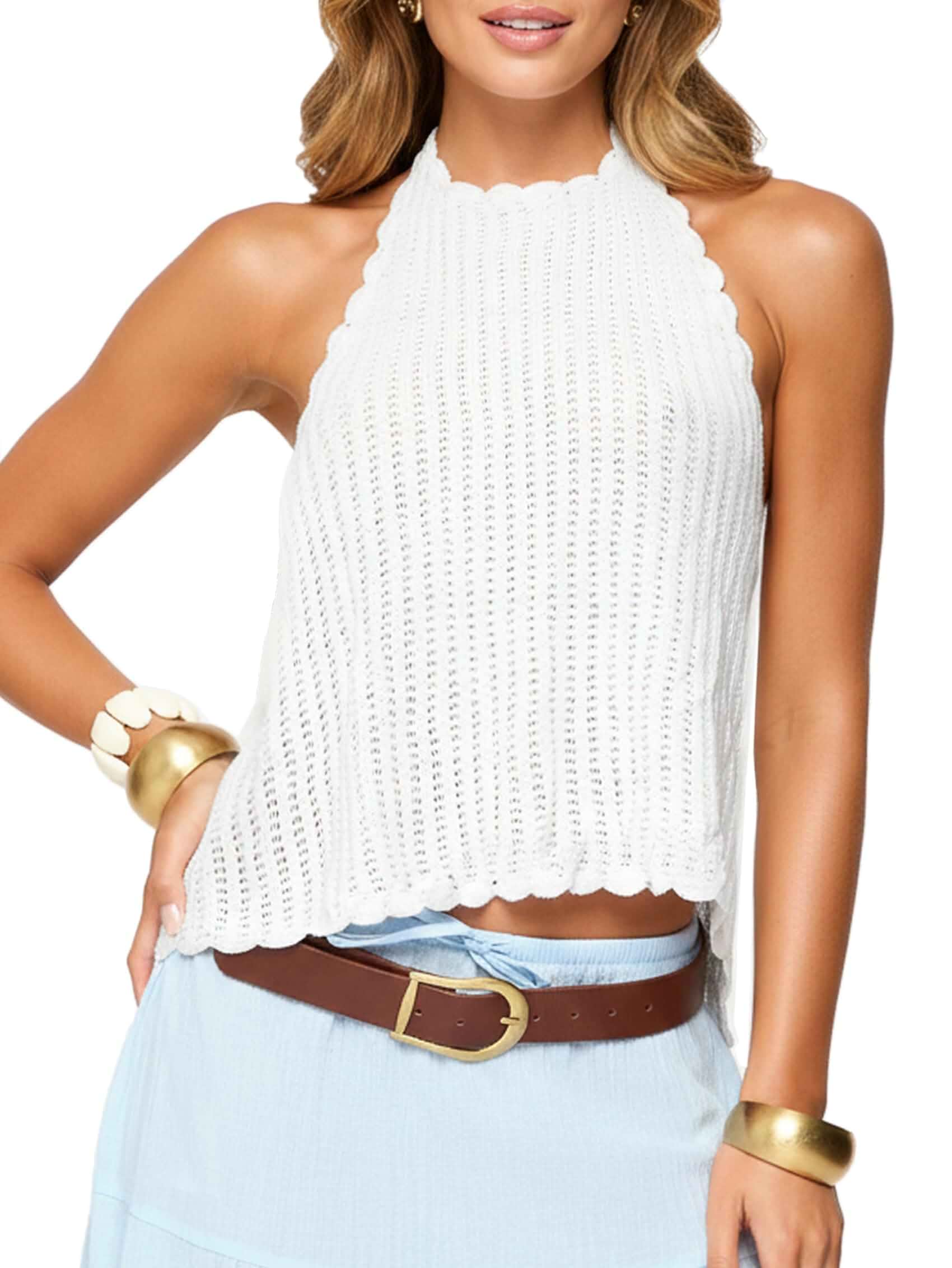 OZICERD Women Knit Crochet Tops Halter Mock Neck Backless Open Back Going Out Top Rave Club Vacation Cami Tank Top Sleeveless