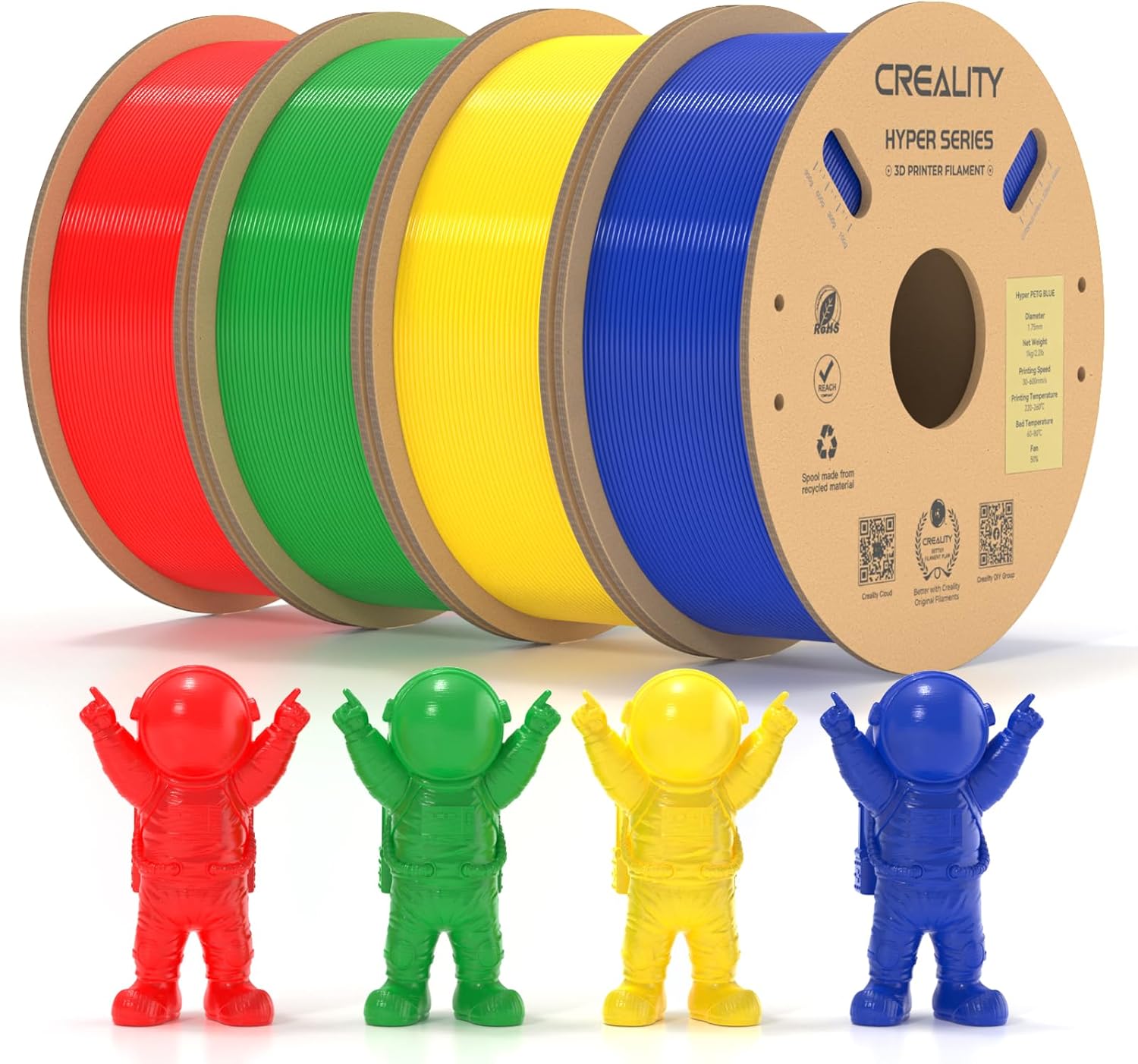 4 Pack Official Creality Upgraded Hyper PETG Filament 1.75mm, 3D Printer Filament PETG Designed for High Speed 30-600mm/s, 1kg(2.2lbs)/Spool, Fit Various 3D Printers