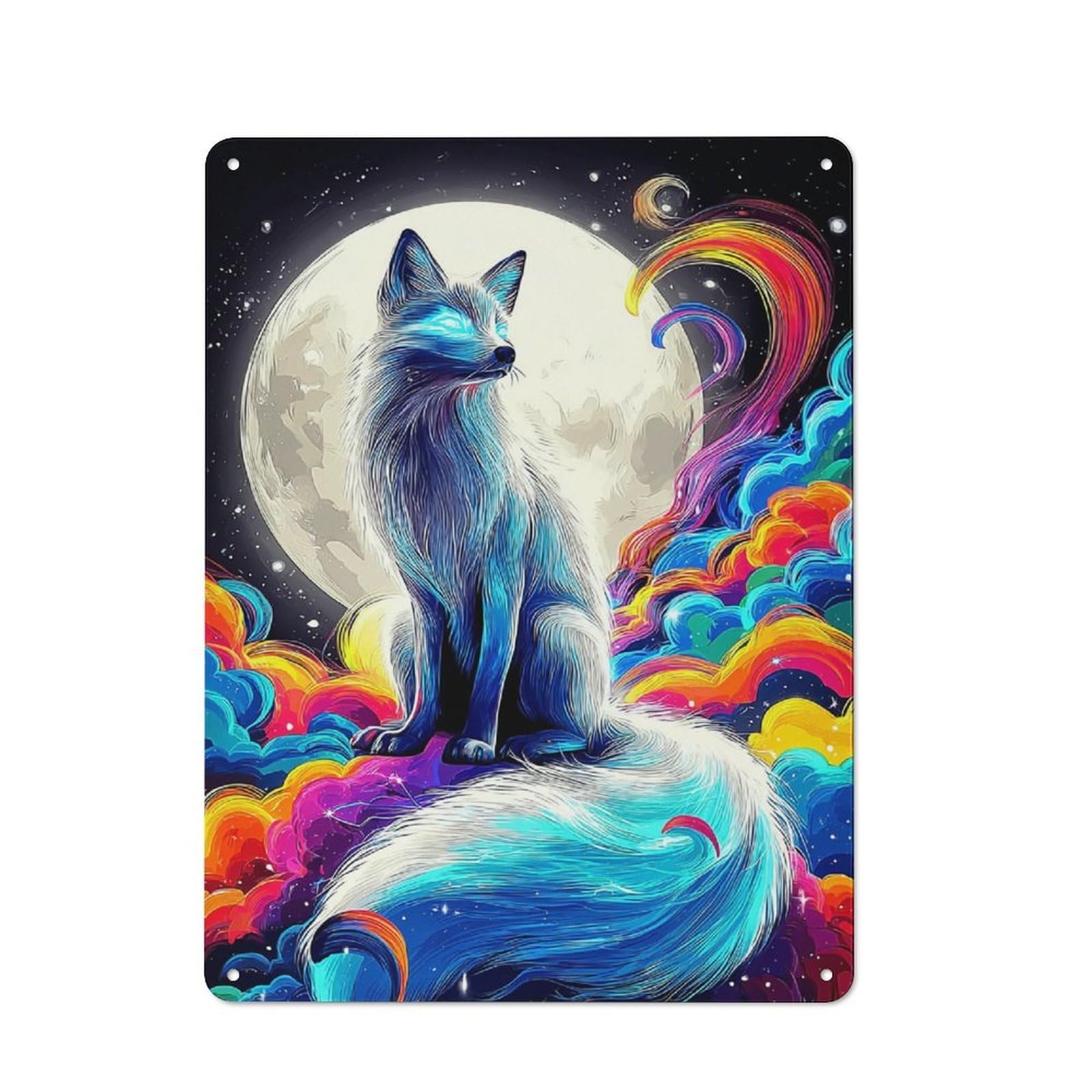 Junmoney Rainbow Fox Under The Moon 40X30cm Rustic Metal Sign With For Guest Room Or Hallway, For Vintage Wall Decor Fans, For Metal Sign Collectors