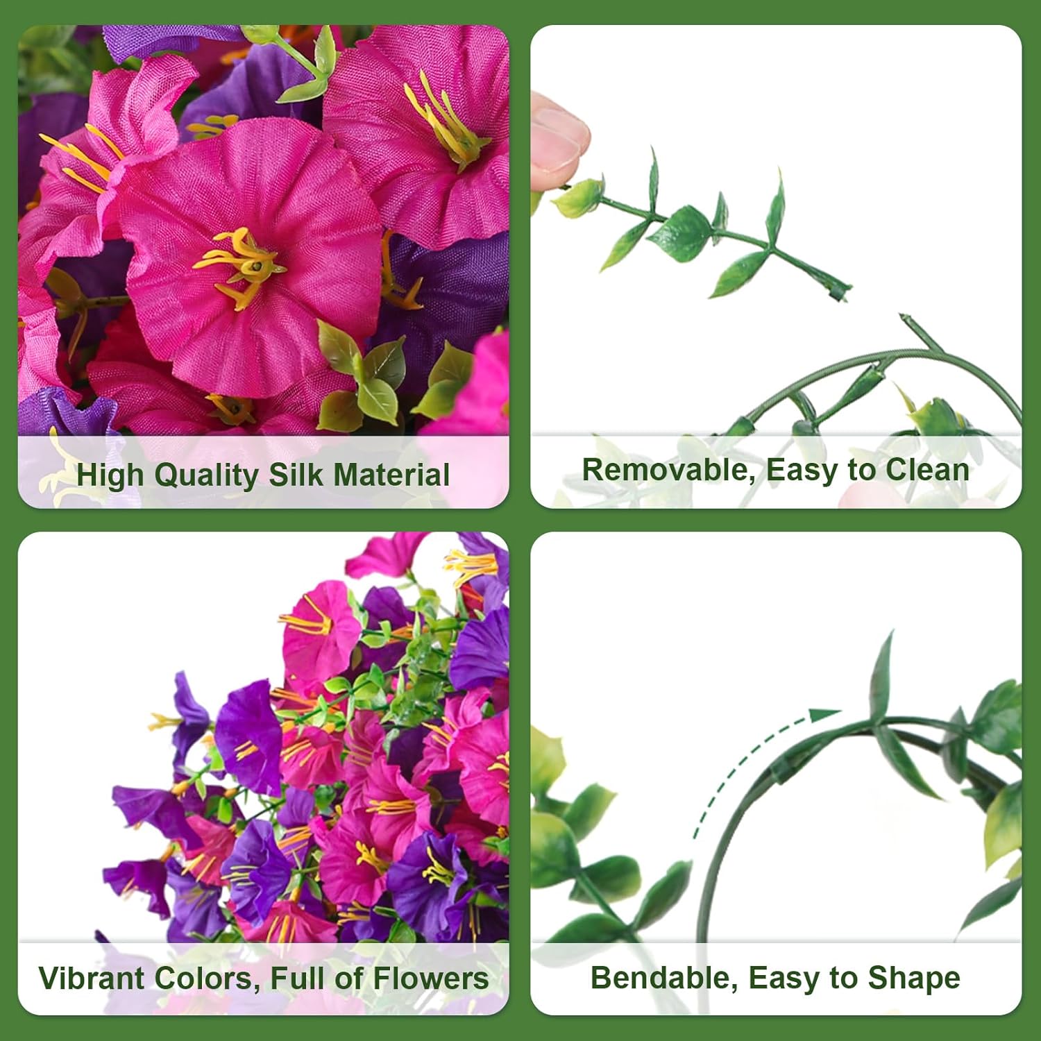 Artificial Hanging Flowers for Outdoors, 4 PCS 600 Blooms UV Resistant Morning Glory Vines Faux Flowers, Realistic Silk Flower Fake Hanging Plants for Porch Patio Garden Decor, Purple&Lotus
