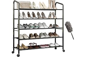 31-Inch Wide Sturdy 5 Tier Rolling Metal Shoe Shelf Storage Rack with Fabric Shelves