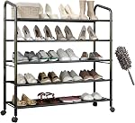 Metal Shoe Rack with Wheels, Non-Woven Fabric Shoe Shelf, Shoe Rack with Wheels, 4 Tiers Black, Suitable for Entryway, Garage