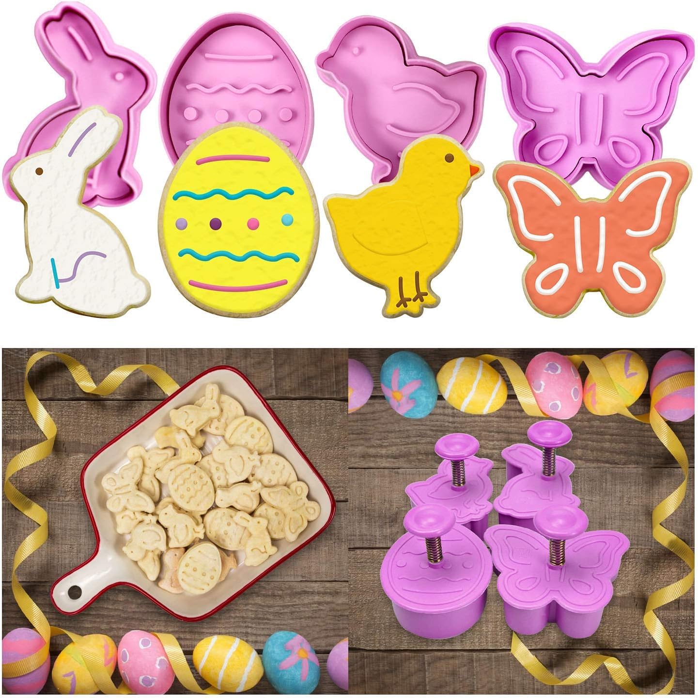 4pcs Mini 3D Easter Cookie Cutters Set, Easter Fondant Biscuit Pastry Cookie Plunger Cutter Stamp, Spring Spring-Loaded Handle Cutter Shape with Easter Eggs, Bunny, Chick, Butterfly.