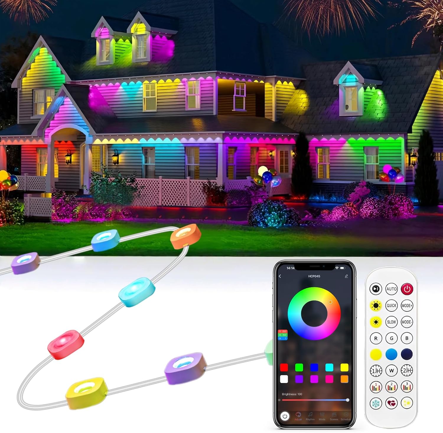 Gaoxun 100ft Permanent Outdoor Lights, RGBW Smart Eaves Lights with 36 LED, APP/Remote Control, Dimmable, 47 Scene Modes, DIY Modes, IP67 Waterproof Christmas Lighting for Daily Holiday Decorations
