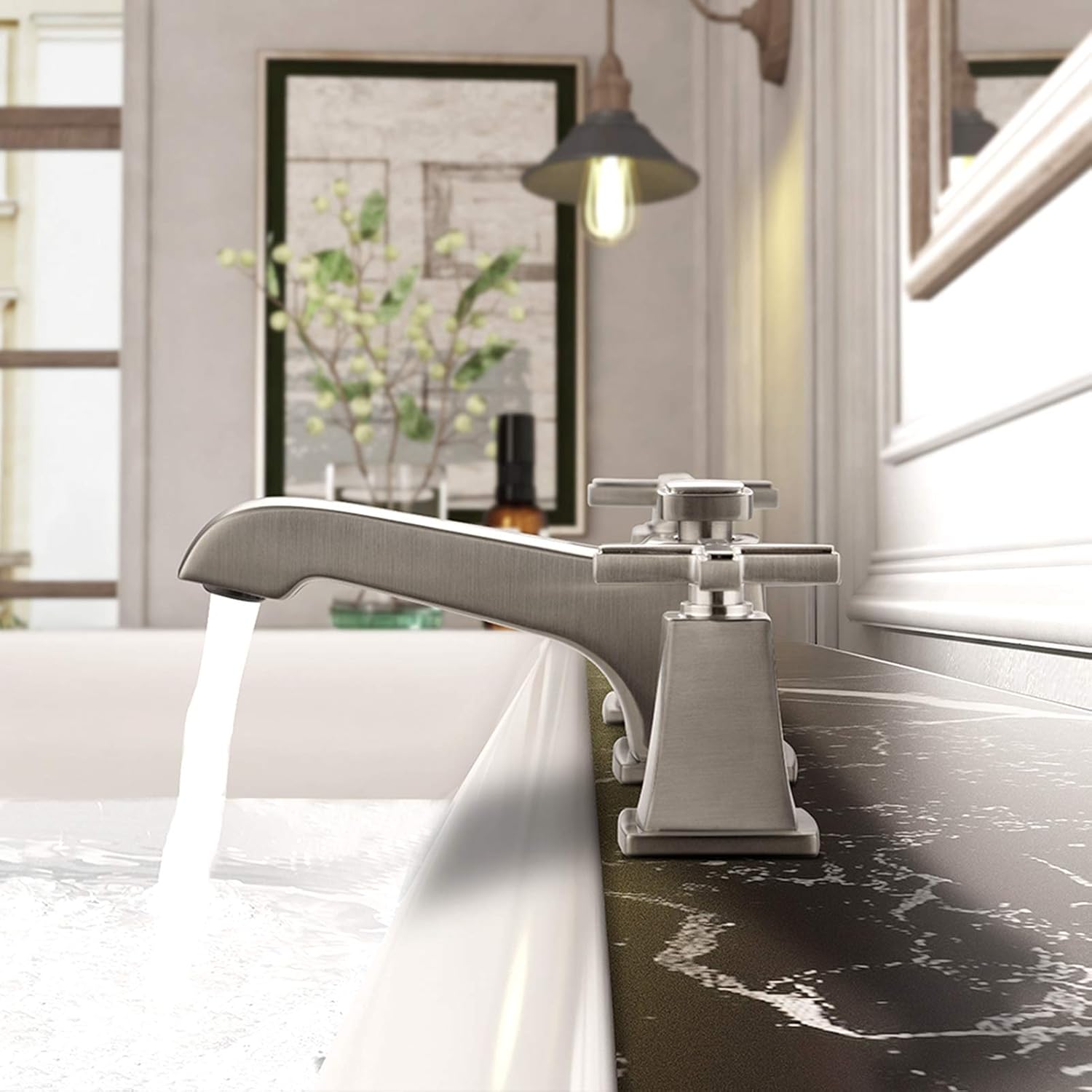 Get Popular Offer NEWATER 2-Handle Widespread Brass Bathroom Sink Faucet Three Hole Lavatory Faucet with Metal Pop-up Drain Assembly & Supply Lines，Brushed Nickel