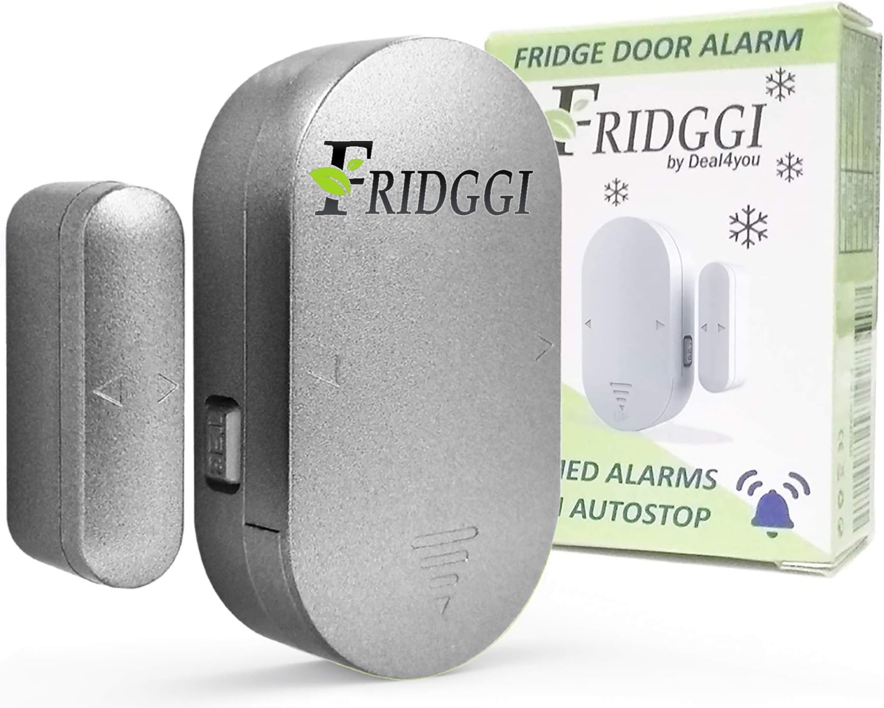 FRIDGGI - Fridge Door Alarm with 60 Second Delay, 2, 3, and 4 Minute Reminders, Loud Chime or Siren, Refrigerator Door Ajar Alarm, 4 Minute Reminders โ Small Size. (Grey)