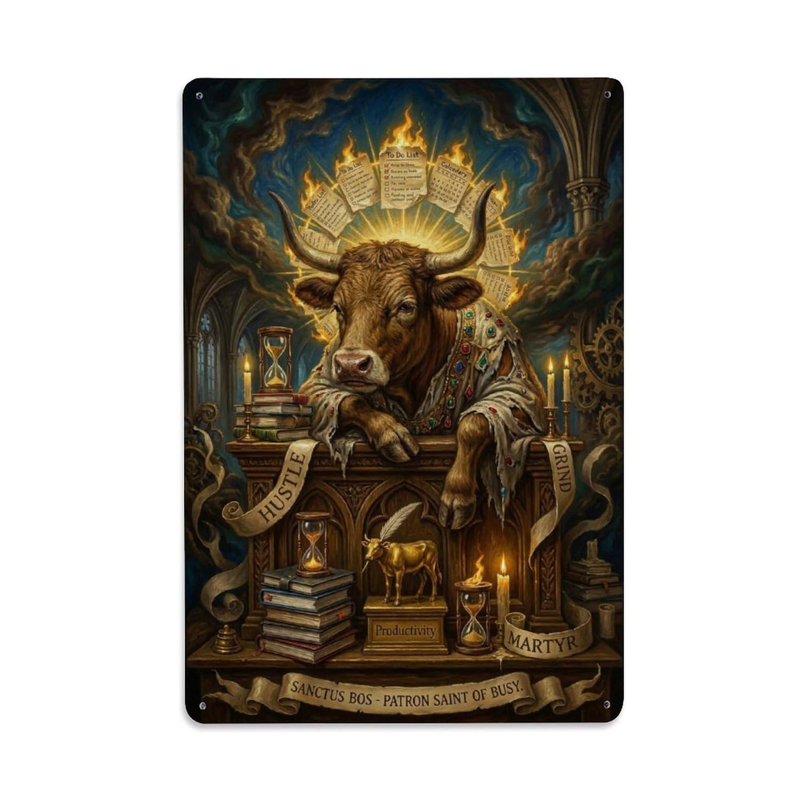 Surreal Vintage Bull Burnout Virtue Satire Animal Classic Metal Tin Sign Plaque Wall Decor for Cafe, Man Cave, Club Bar, Office, Home Garden Round Metal Poster 8x12Inch