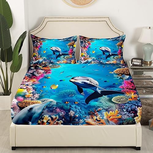 Miniatura 3 de Erosebridal Juego de sábanas de ballena tamaño matrimonial, sábanas 3D de peces de tortuga marina coloridas, sábana bajera ajustable de arrecife de