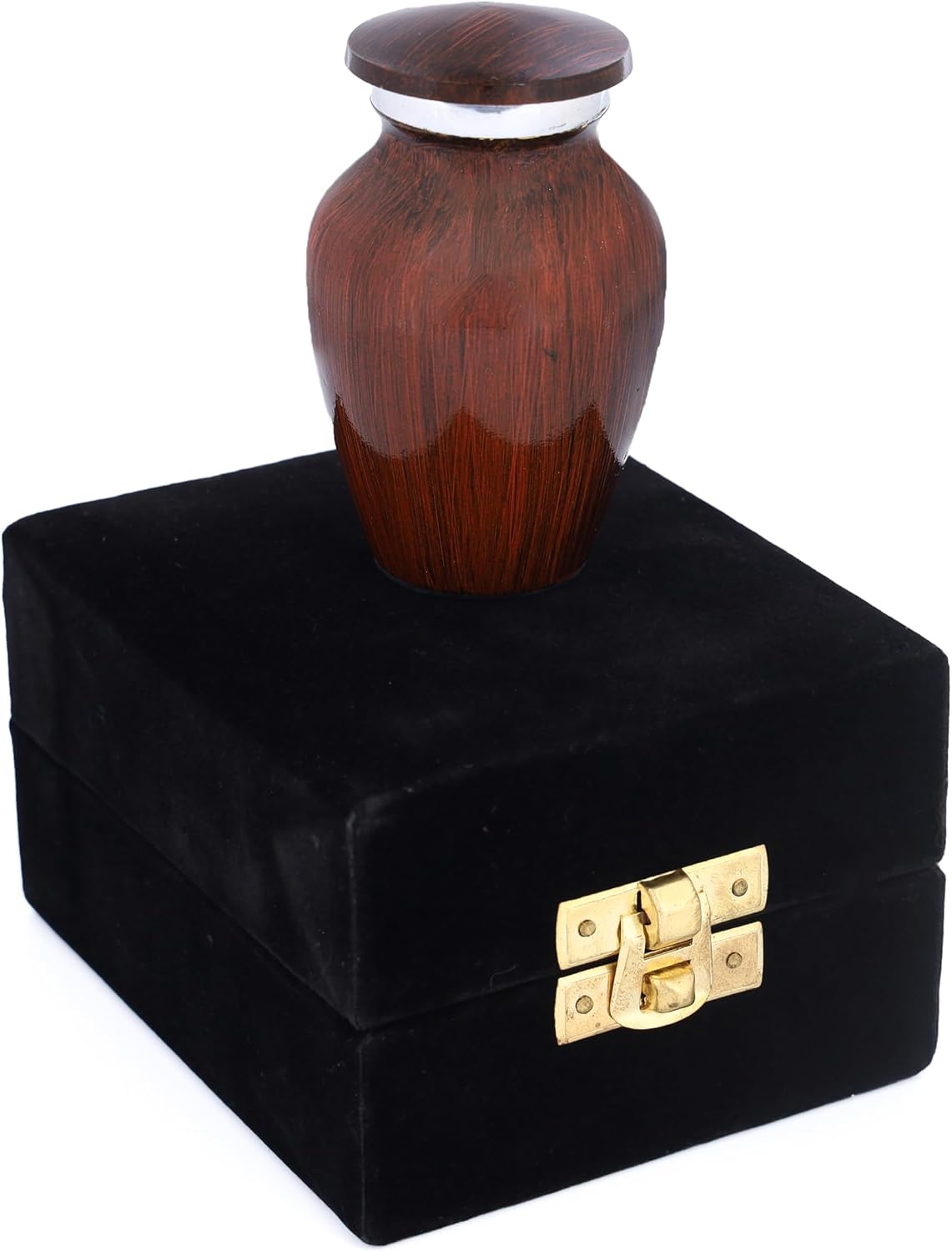 Bless International Hand-Engraved Small Decorative Brass Urn with Lid – 3" Mini Keepsake Urn for Human Ashes, Memorials – Petite Remembrance Vase with Velvet Storage Case & Funnel (Wooden Brown)
