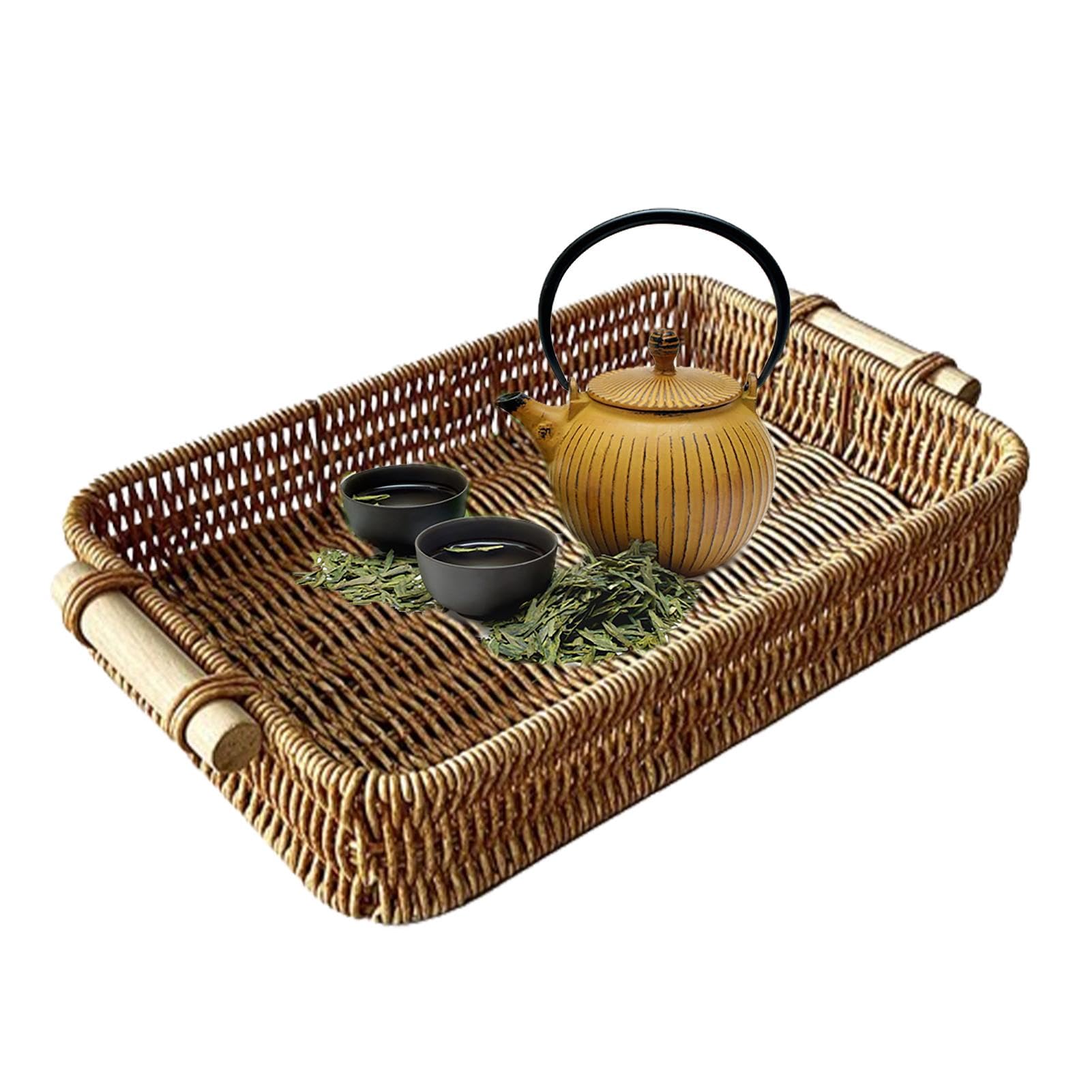 Bandeja de ratán con asas, bandeja de servir de tela tejida versátil para baño, cesta de mimbre decorativa para el hogar, cocina y comedor.