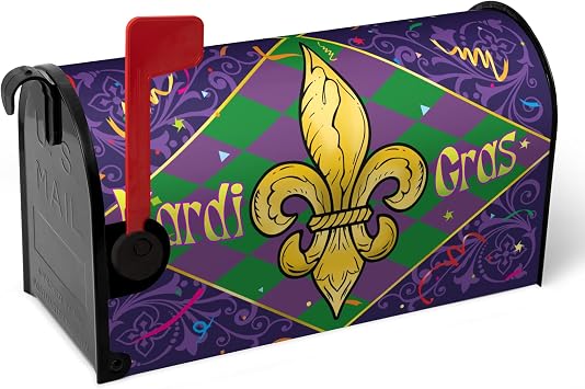 Mardi Gras Mailbox Cover Magnetic Large Size Fleur De Lis New Orleans Carnival Mailbox Wrap Holiday Lily Waterproof Post Letter Box Cover for Garden Yard Outdoor Oversized 25.5 X 21 Inch