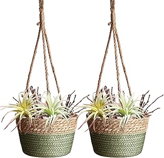 BEIJIALY 2 Pack Seagrass Hanging Planter Basket, Rattan Woven Plant Hanger, Rattan Hanging Planter Macrame Plant Hanger, F...