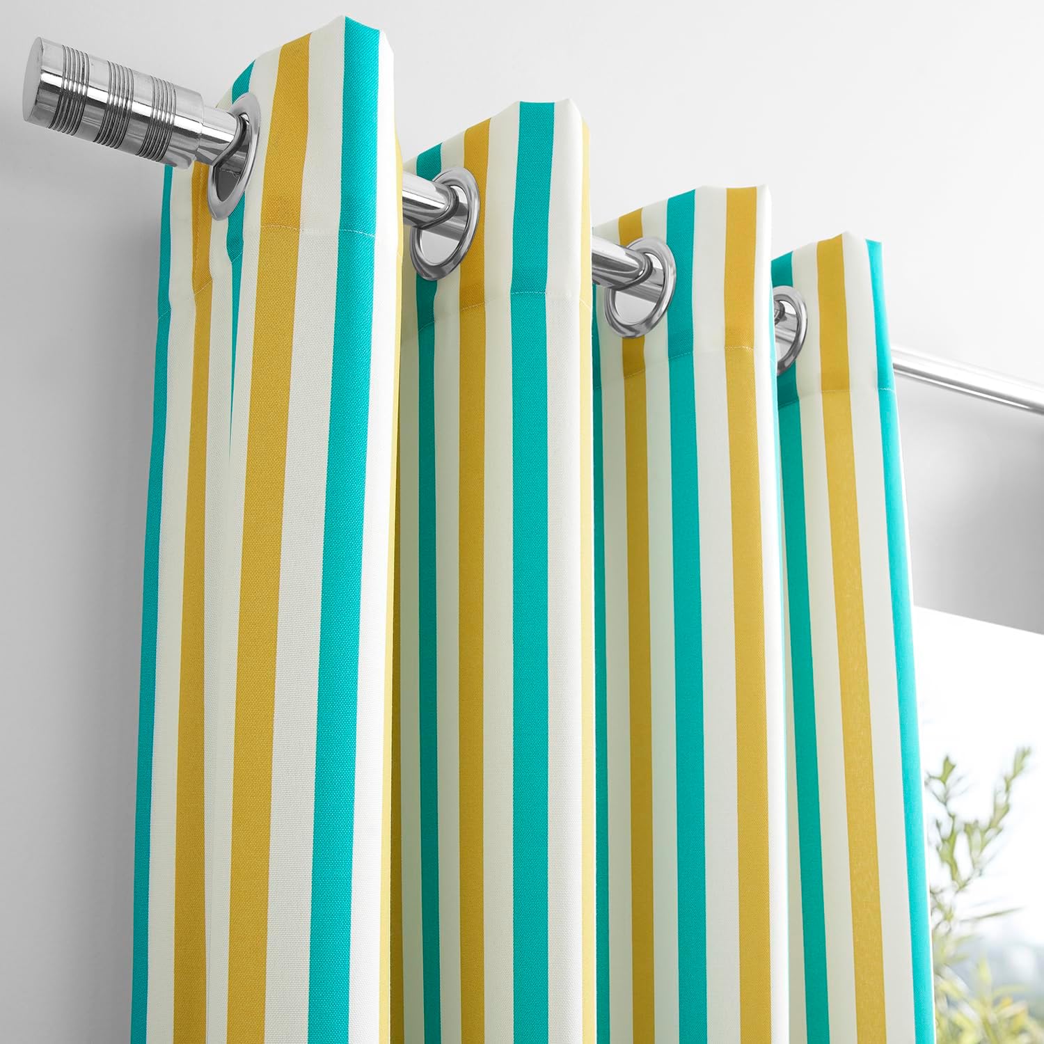 HPD Half Price Drapes Villanova Striped Grommet Outdoor Curtains (1 Panel) - UV & Water Resistant Light Filtering 200 GSM Polyester Curtains - 50W x 84L, Tropical Sunrise Multi Green & Yellow Stripe