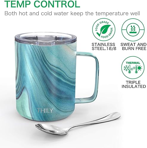Miniatura 29 de THILY Taza de viaje aislada de acero inoxidable de 12 onzas, taza de café aislada al vacío con asa, tapa a prueba de derrames, mantiene el café frío