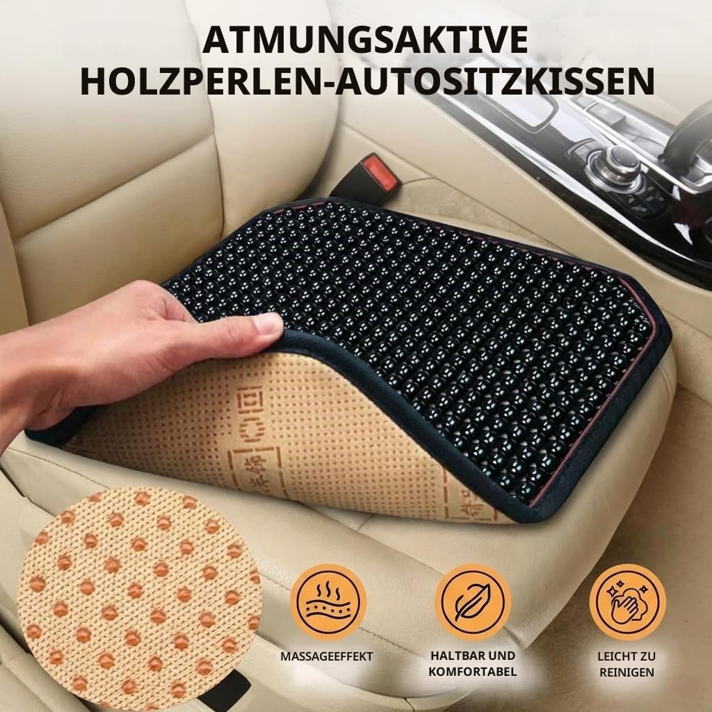 Holzperlensitz für Auto und Büro, 45x45 cm Atmungsaktive Sitzauflage mit Netzgewebe, Kühlendes Massage Sitzkissen, Rutschfester Sitzschoner für Autositz, LKW und Stuhl