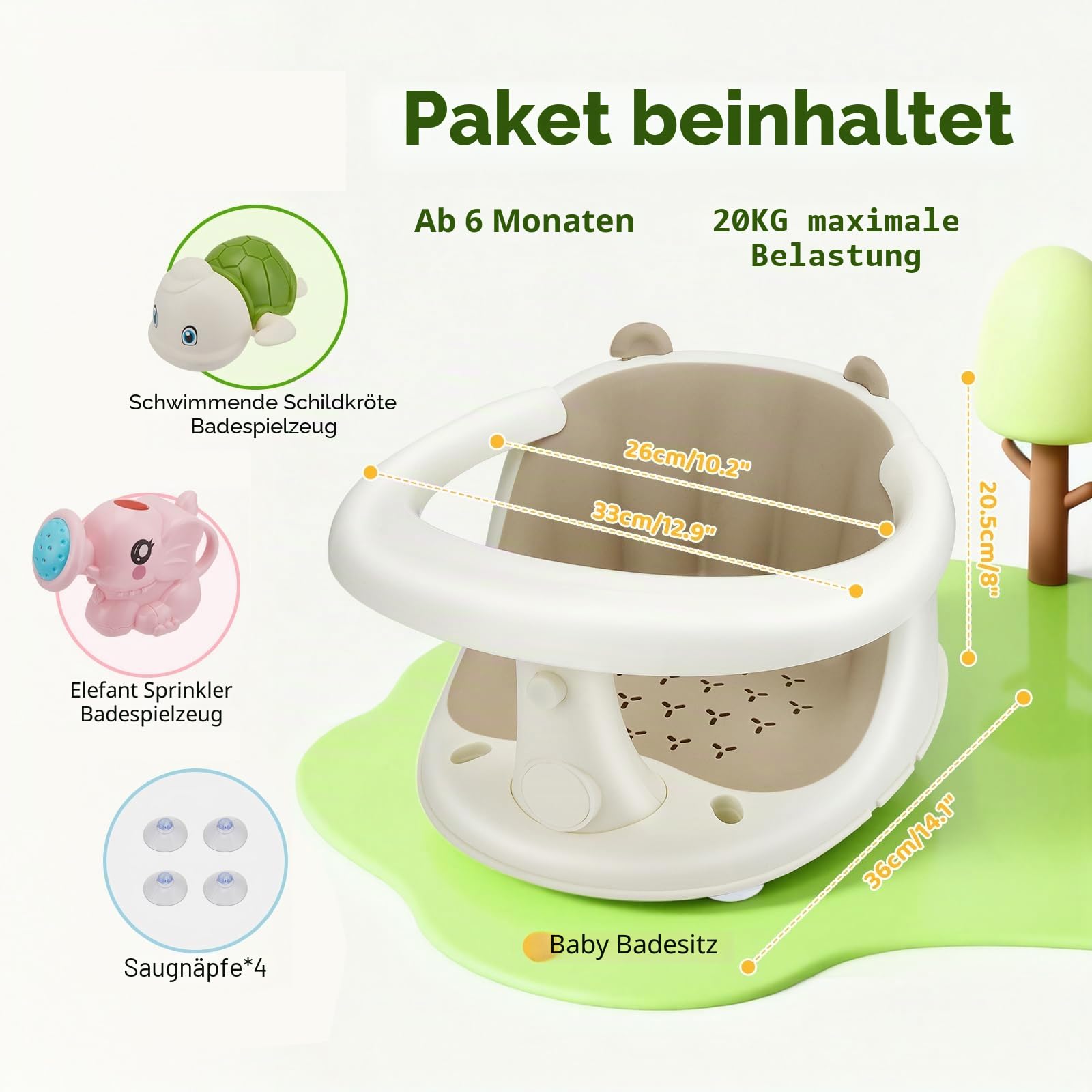 2-in-1 Baby-Badesitz mit Spielzeug ab 6 Monaten – Ergonomischer Badeaufsatz mit 4 Saugnäpfen, rutschfester Badesitz mit Fünf Spielzeug für Babys und Kleinkinder