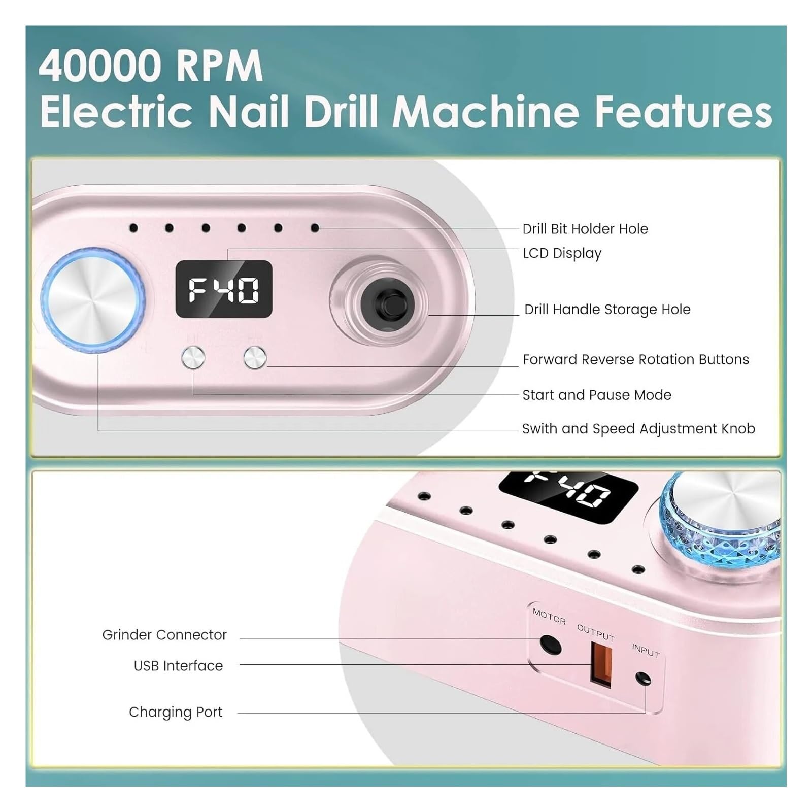 Wiertarka Do Paznokci 40000RPM Z Wyświetlaczem HD Profesjonalny Elektryczny Pilnik Akrylowych I Żelowych Użytku W Salonie Domowym Intuicyjne, Proste Sterowanie(Pink)