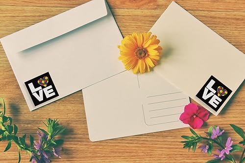 Miniatura 3 de 250 calcomanías cuadradas de concientización del amor sobre el autismo, calcomanías cuadradas negras para el amor con corazón lleno de rompecabezas