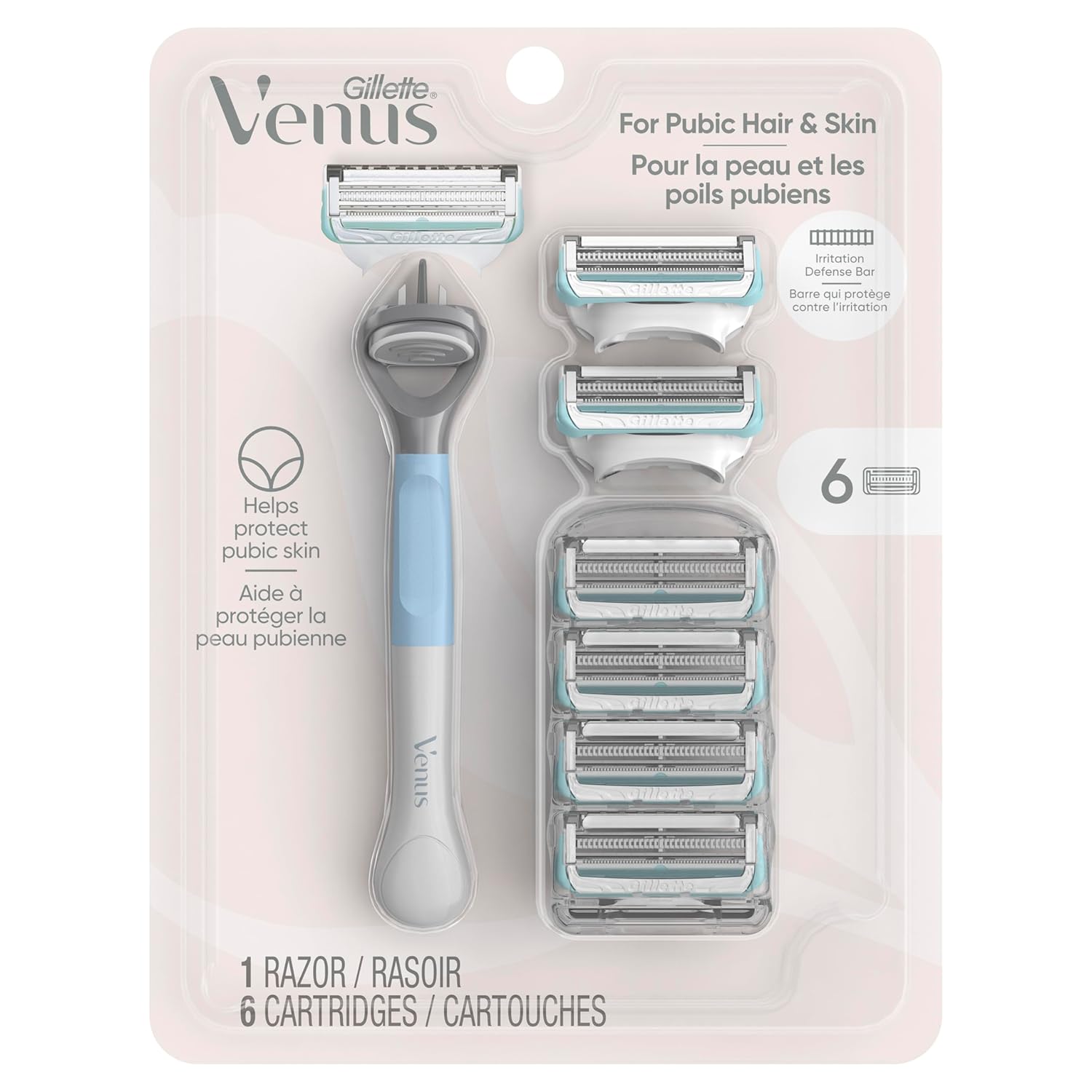 Gillette Venus for Pubic Hair and Skin, Women's Razor Handle + 6 Blade Refills, 1 Count (Pack of 1)