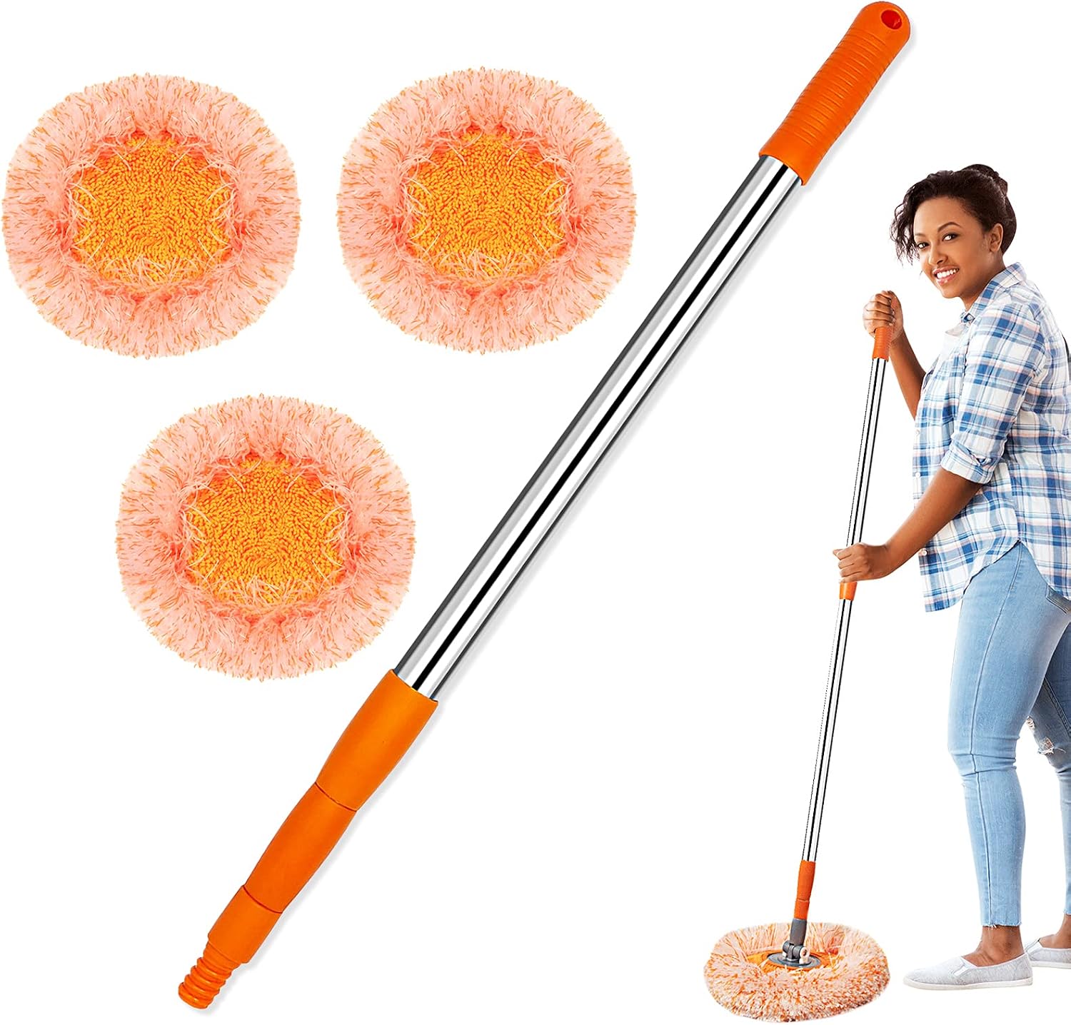 TIMIVO Dust Mop, Microfiber Mops for Floor Cleaning, with Hight Adjustable Handle and 1 Washable Mops Pad, Wet & Dry Floor Cleaning Mop for Hardwood, Tiles, Laminate, Vinyl (Orange mop with 3 Pads)