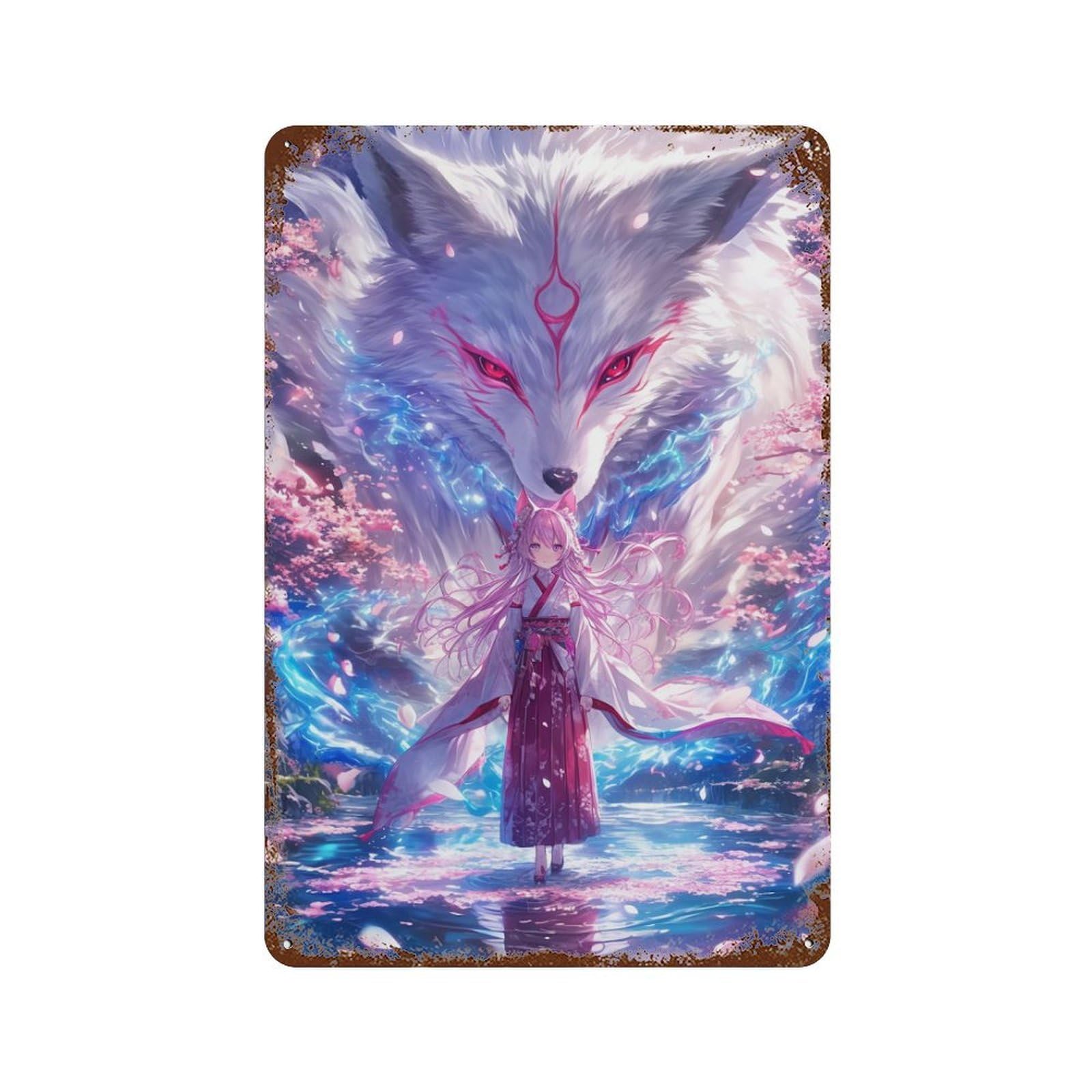 Rust Effect Fox Spirit in Cherry Blossom Forest Rustic Tin Plaque 11.8"x7.9", Decorative Metal Wall Art for Farmhouse, Kitchen And Entryway Decor