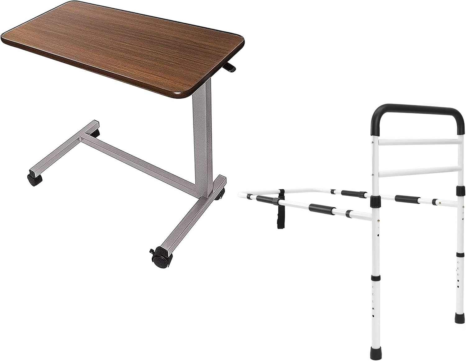 Vaunn Medical Overbed Bedside Table and Bed Rail Grab Bar Handle Bundle : Health & Household