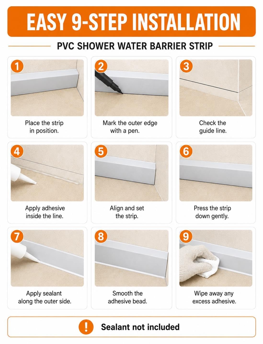PVC Duschschwelle, Wasserbarriere für Bad, Dusche und Waschküche