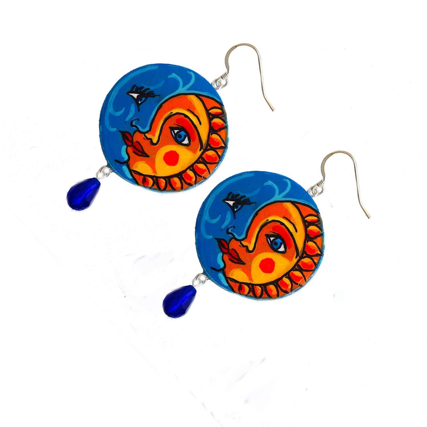 Pendientes de madera pintados a mano – SOL Y LUNA CERÁMICA DE VIETRI - Pendientes colgantes de mujer, Joyas de madera pintada, Gancho de plata, Made in Italy, Bisutería, Elaboración artesanal