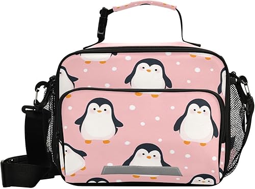 Kcldeci Lonchera con diseño de pingüinos para mujeres y hombres, con diseño de dibujos animados de animales marinos rosados, con lunares aislados,