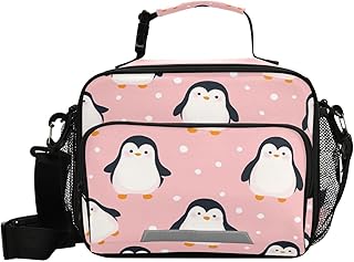 Kcldeci Cute Penguin Lunch Bag for Women Men Cartoon Pink Sea Animals Dots Insulated Lunch Box for Adult Reusable Lunch Tote Bag for Work, Picnic, School or Travel