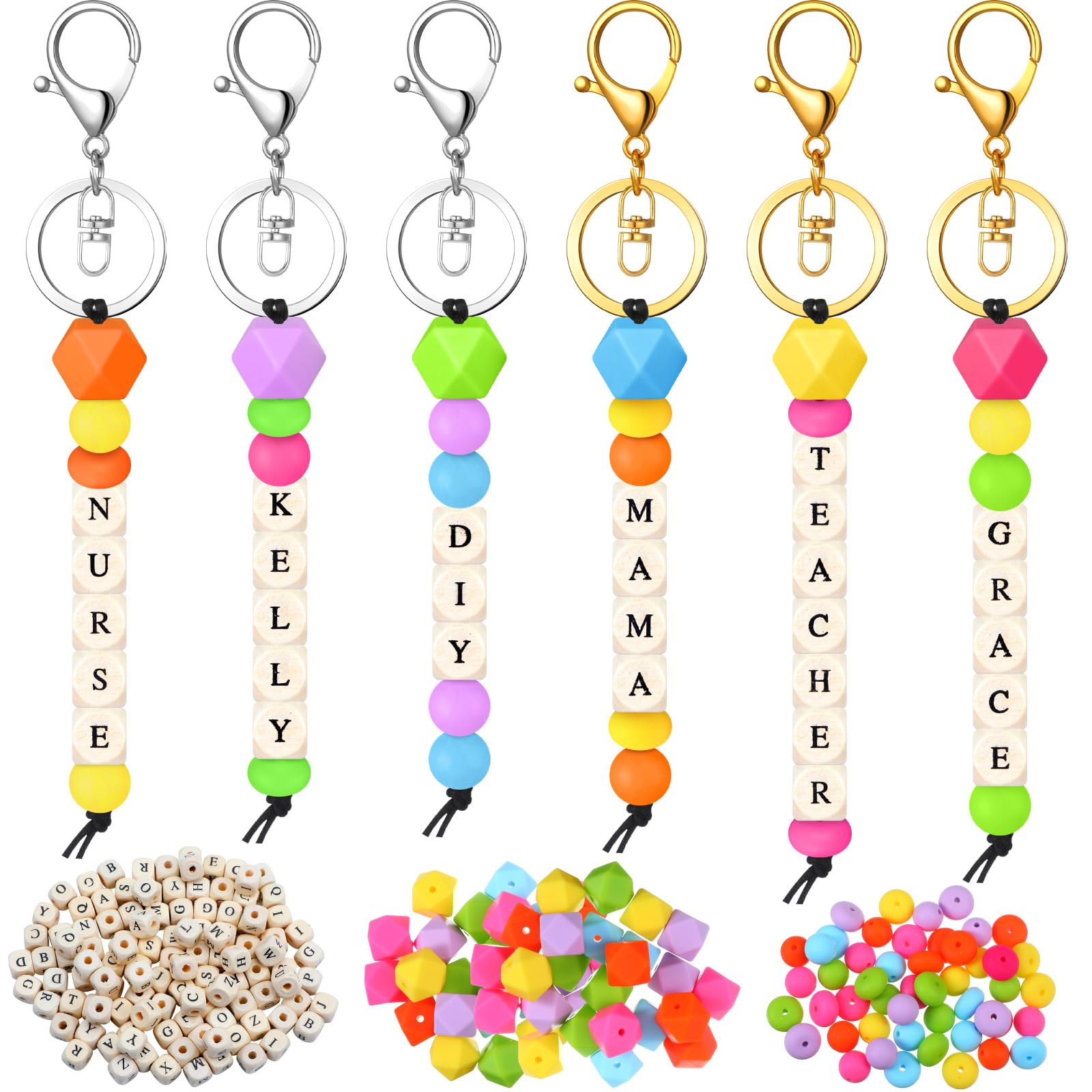 Landical 342 Pcs DIY Bead Keychain Kit Colorful Silicone Bead Personalized Letter Jewelry for DIY Key Ring Women Teacher Gift