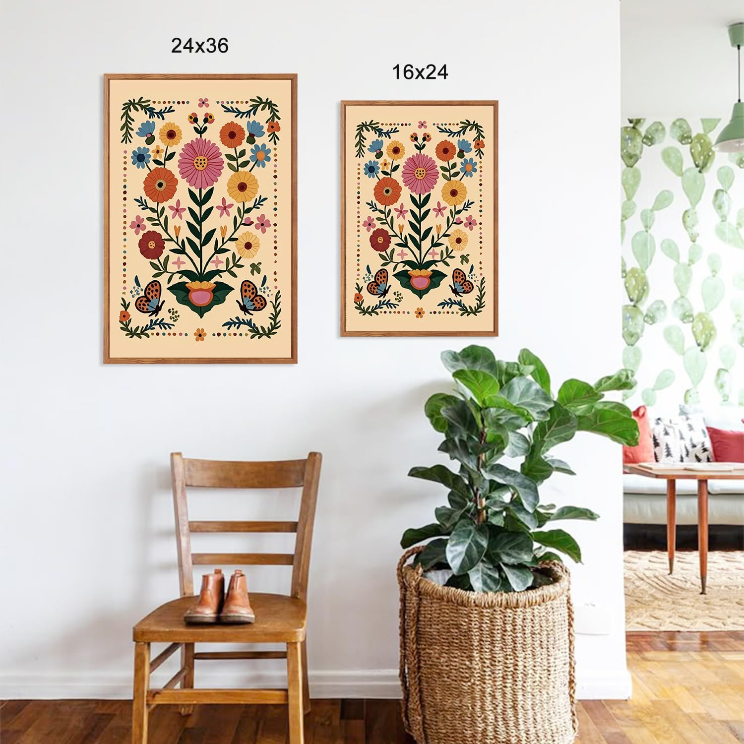 HLNIUC Vintage Flower Wall Art Canvas,Desert Plant Wall Art,Flower Butterfly Artwork,Retro Floral Painting,Cactus Painting,Botanical Framed Decor,William Morris Prints for Living Room Bedroom- 24x36x3