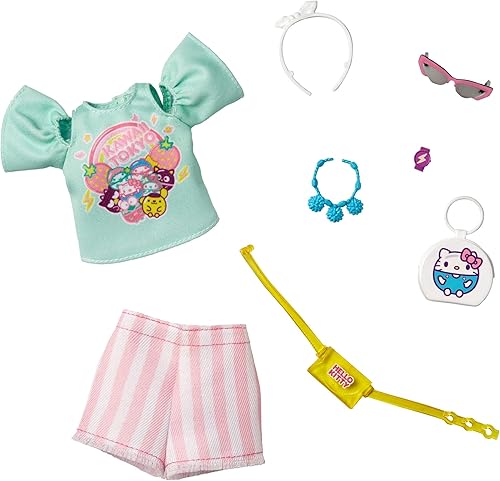 Miniatura 3 de Barbie Storytelling Fashion - Paquete de ropa de muñeca inspirada en Hello Kitty  Friends camiseta Aqua Kawaii Tokio pantalones cortos a rayas y 6