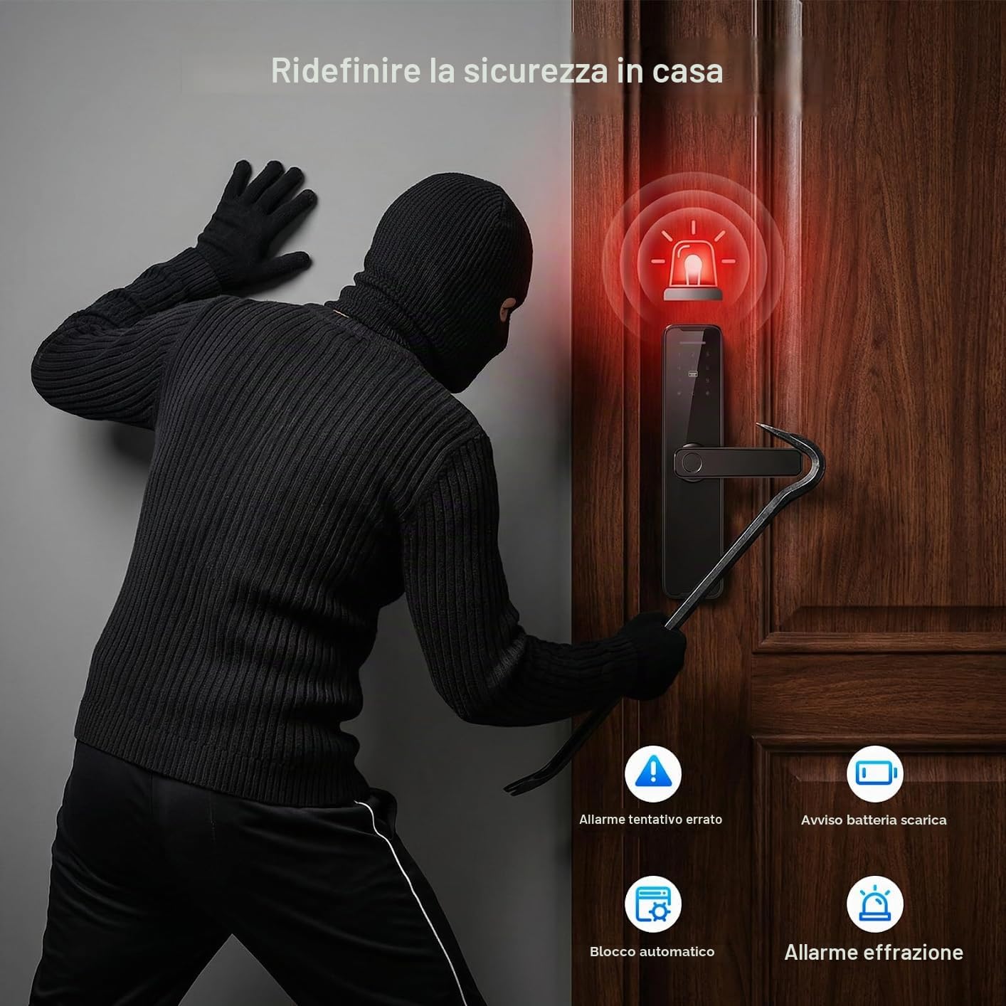 Serratura per porta intelligente 5 in 1 - Serratura elettronica intelligente con impronta digitale + codice + carta + chiave + password temporanea - Controllo tramite app Tuya - Per porte da 30 a 50