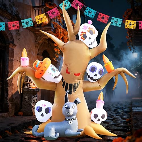Miniatura 2 de DomKom Árbol inflable de Halloween, Día de los Muertos, árbol espeluznante del Día de los Muertos de 8 pies con calavera de Catrina y perro sin