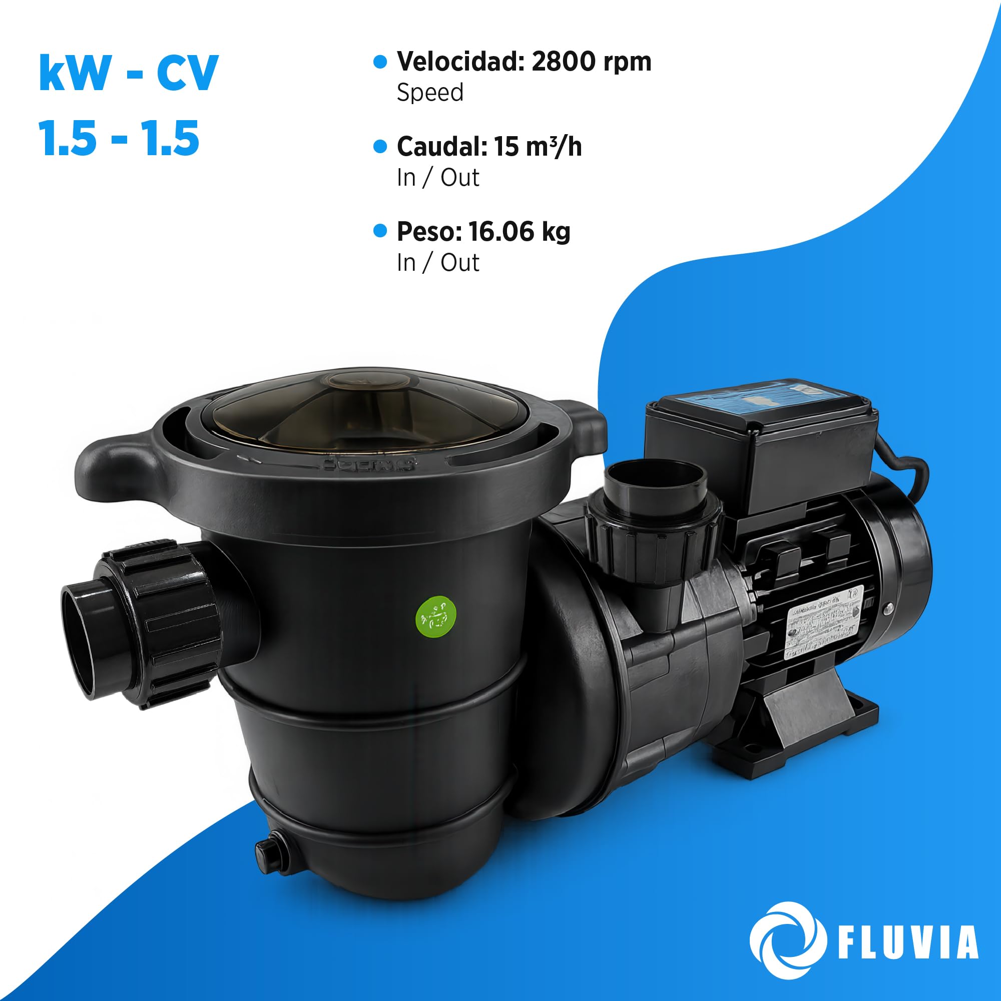 Bomba de Piscina Autoaspirante PQS Classic | Prefiltro Integrado | Bajo Ruido | Motor Monofásico 230V | Protección IPX5 | Fluvia (1,5 CV (15 m³/h))