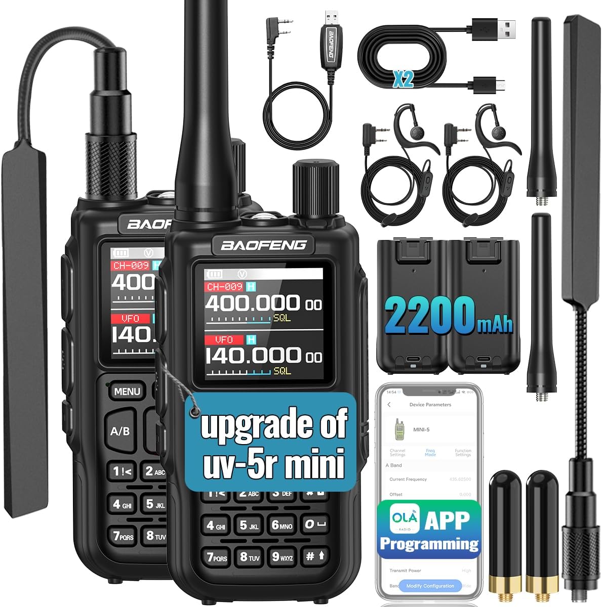 BAOFENG Ham Radio UV-5R Mini-5 Long Range Dual PTT 2200mAh Handheld Rechargeable Walkie Talkies,APP Programming,USB-C,NOAA UV5r Emergency Two Way Radio Upgrade UV-5R for Camping Hunting