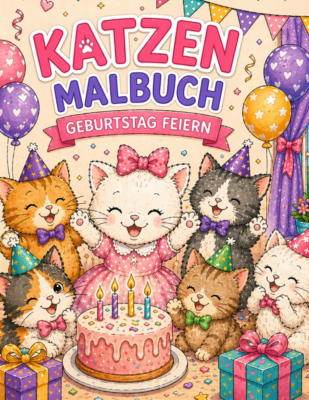 Katzen Malbuch Geburtstag: Süße Katzen feiern Geburtstag Malbuch für Kinder mit fröhlichen Ausmalbildern Party Geschenke Spiele Spaß