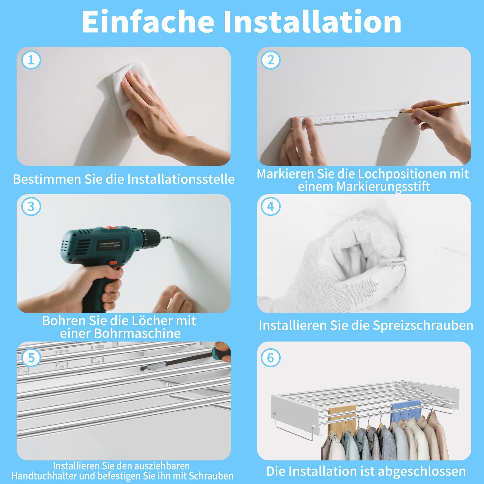OUUTMEE Stendibiancheria da parete retrattile pieghevole in acciaio al carbonio e acciaio inossidabile, 80 cm, 5 linee di sospensione, per interni ed esterni, bianca