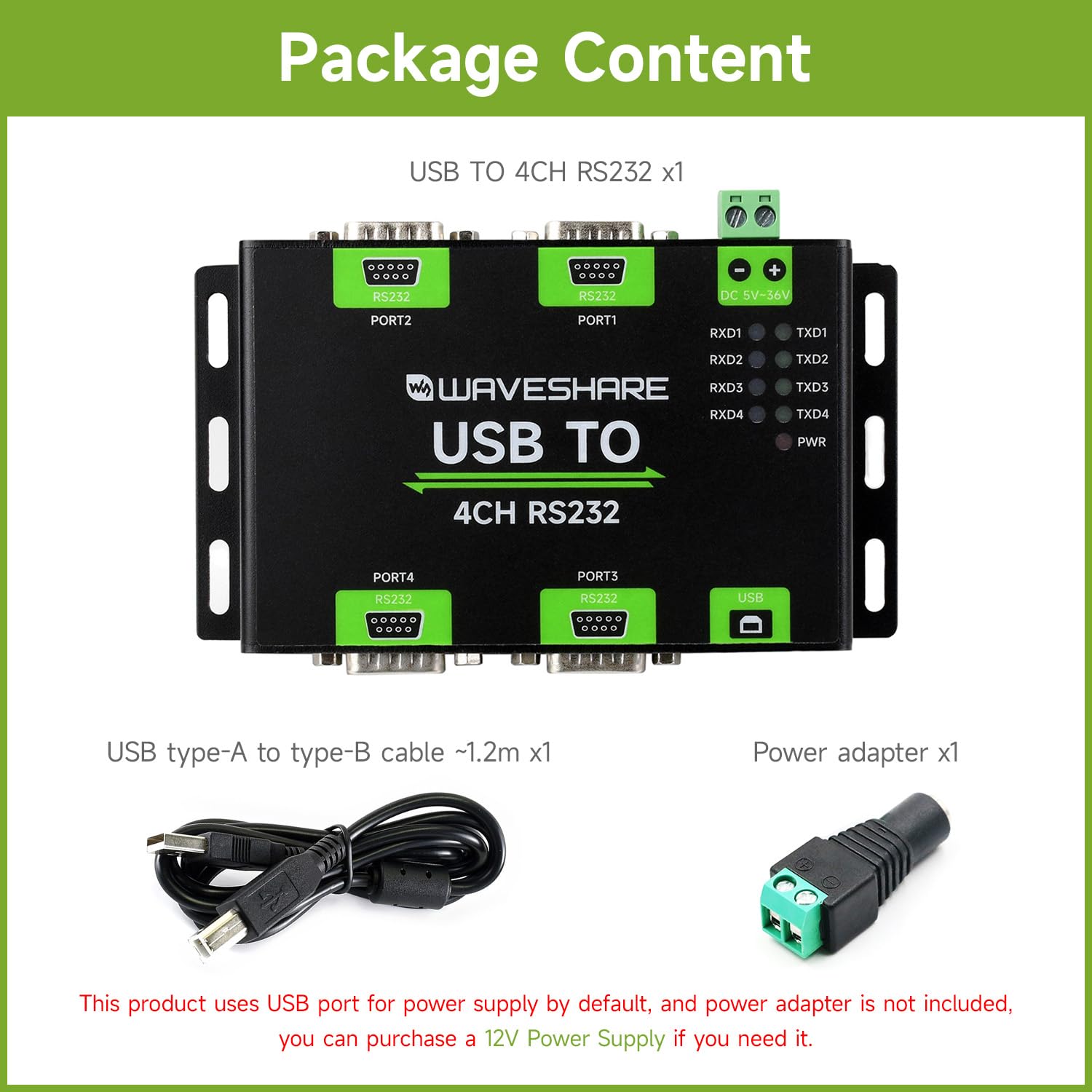 Waveshare Industrial Isolated USB to 4CH RS232 Converter (DB9 Male Interface), Adopts Original FT4232HL Chip, Features High-Speed&Stable Communication, Compatible with Mac/Linux/Android/Windows, etc