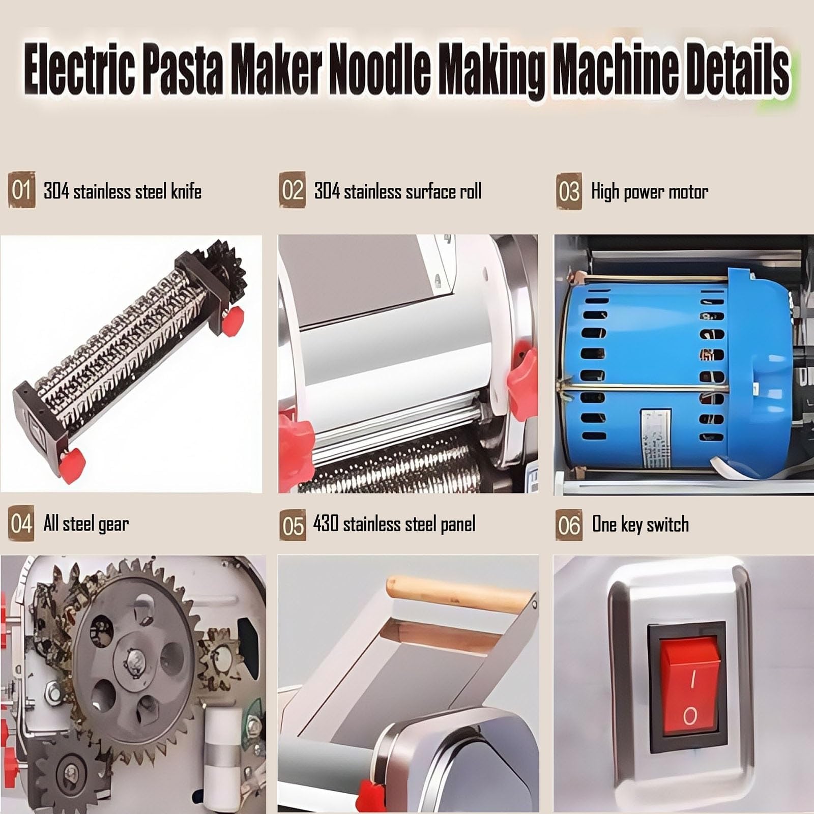 Cortador De Masa Comercial De Acero Inoxidable, Máquina Para Hacer Pasta Eléctrica Totalmente Automática, Para Espaguetis, Ravioli, Ajuste De Espesor Para Uso Doméstico(1.8mm round knife)