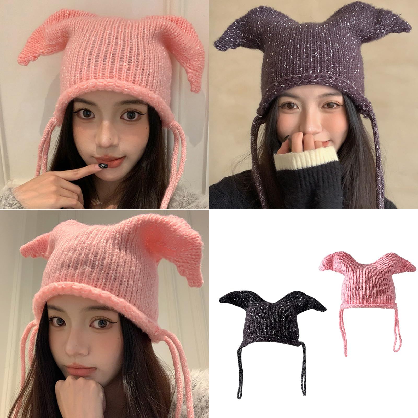 Dsgzkk Novelty Knitted Clown Hat for Female Girl Drawstring Pullover Hat Winter Warm Hat for Outdoor Shopping Cycling Daily Pink