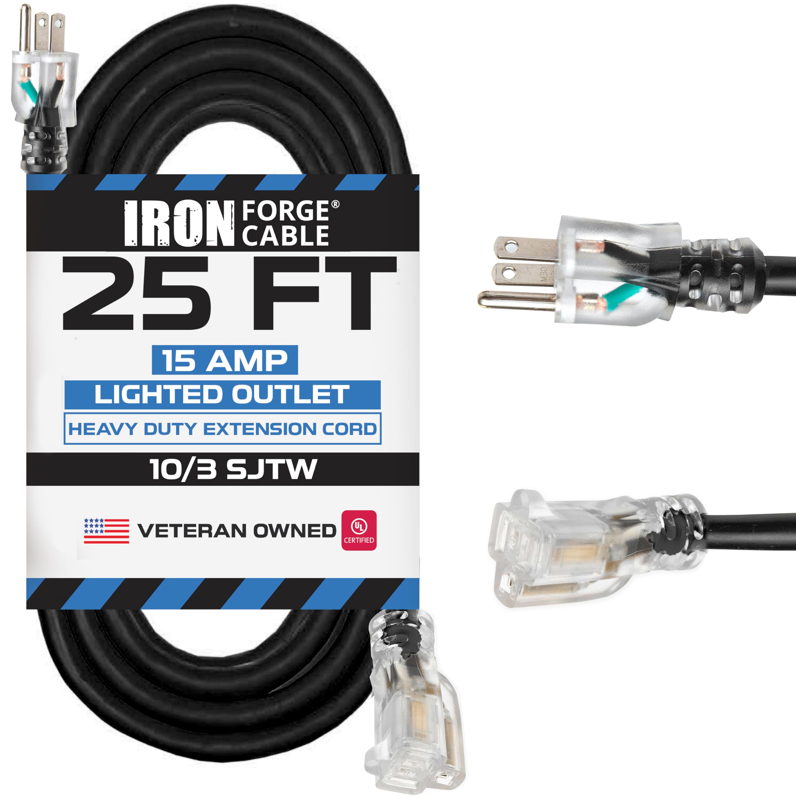 IRON FORGE CABLE25 ft Lighted Outdoor Extension Cord - 10/3 SJTW Heavy Duty Black Extension Cable with 3 Prong 15 AMP Grounded Plug for Safety