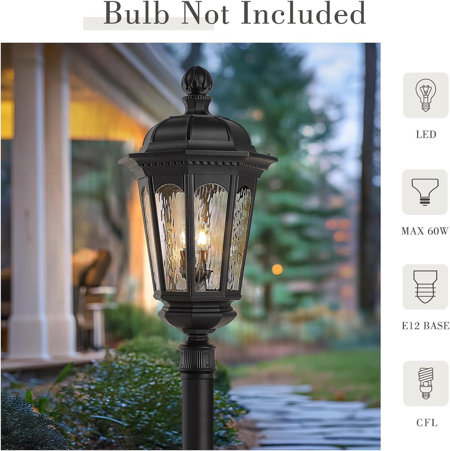 Emliviar Exterior 3-Light E12 Base Post Lamp Outdoor Light Fixture for Walkway, 30.8" Vintage Lamp Post Outdoor Lighting, Matte Black with Water Ripple Glass Shade, XE304P BK-SW