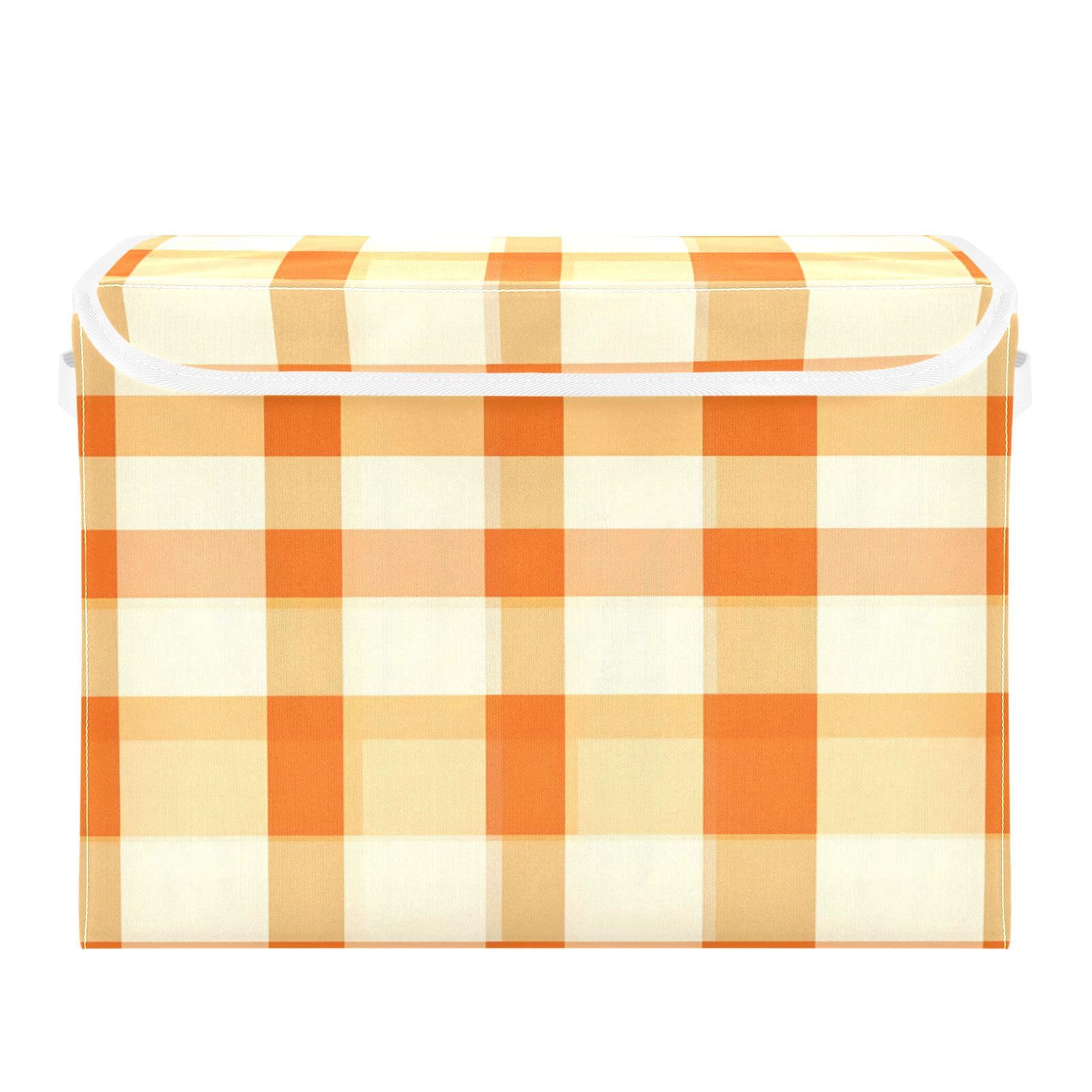 Grckit C198 Storage Bins With Lids, Retro Orange Beige Checkered Foldable Storage Cube Boxes Fabric Storage Organizer Basket For Home, Bedroom, Office, Closet (16.5X12.6x11.8 In)