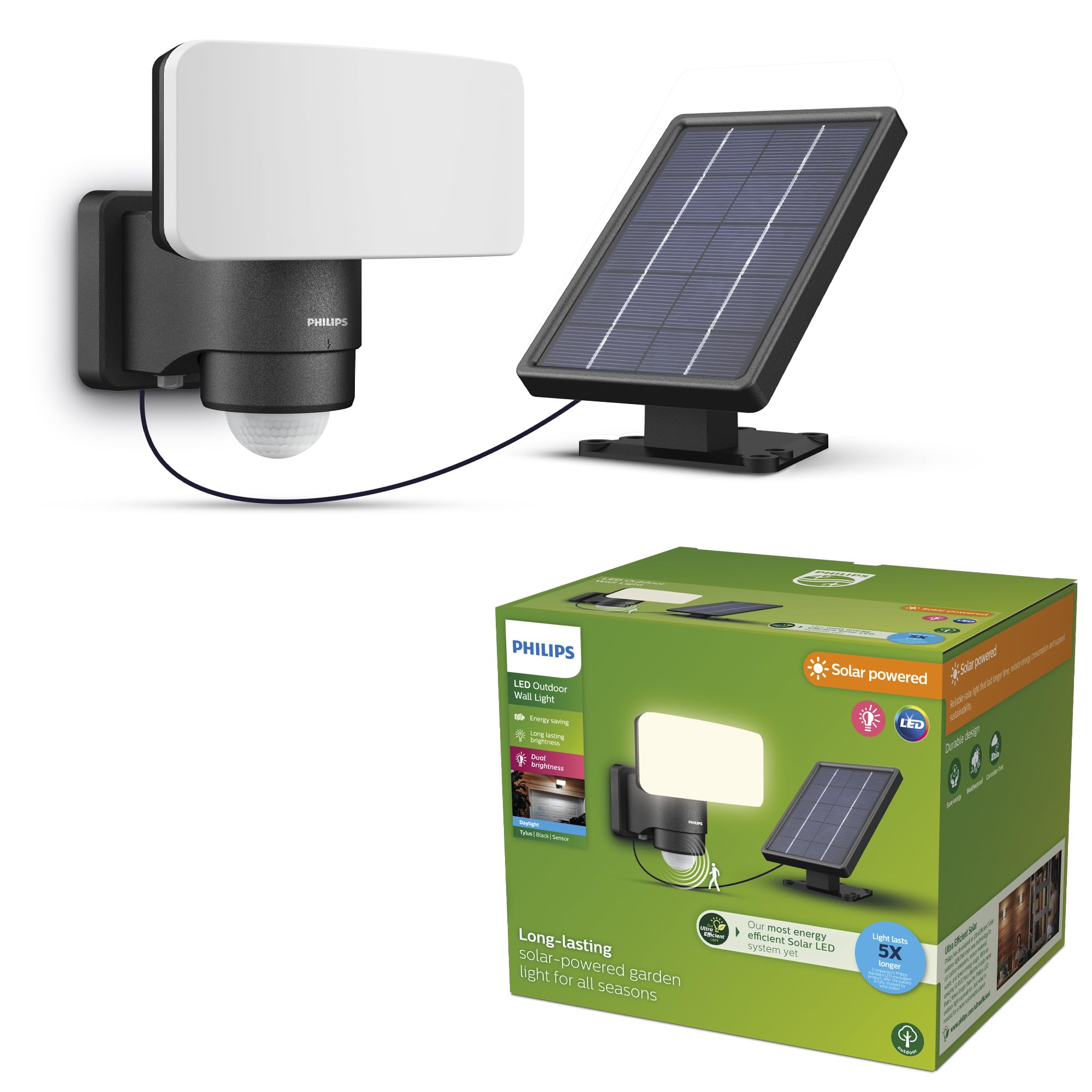 PHILIPS Tylus UltraEfficient Outdoor Solar Security Light with Sensor, 5000K, 1000/50lm Black
