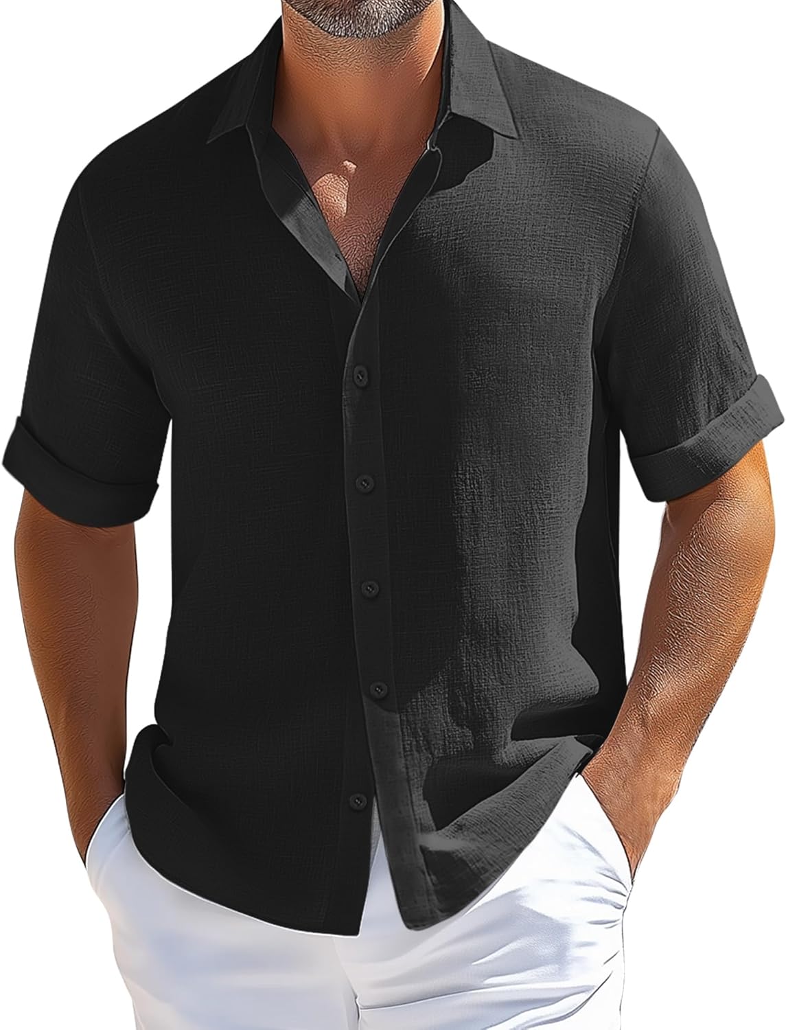 Men's Linen Shirts, Summer Short Sleeve Casual Beach Big & Tall Regular Lightweight Button Down Tops Vacation
